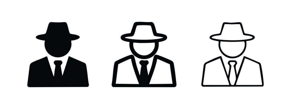 Detective Spy Man Icon Set. Gentleman in Fedora Hat Symbol. Secret Agent Avatar Icons.