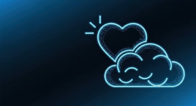 Luminous Neon Heart and Clouds in a Digital Sky