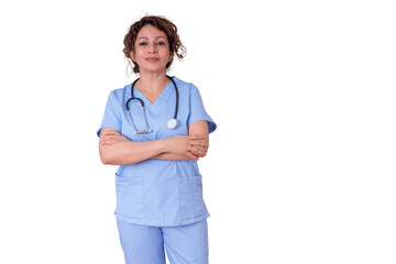 Medical worker or nurse standing confidently in blue scrubs with a stethoscope around her neck,...