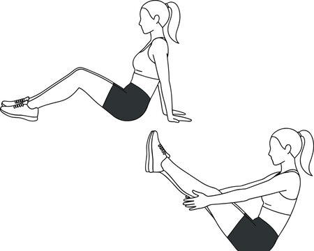 PrintFemale Athlete Performing Seated V-Sit Leg Raises Exercise Vector Illustration Featuring Fitness Woman Doing Abdominal Core Workout For Gym Training.