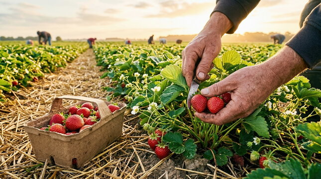 Close-up of farmer's hands harvesting fresh, ripe strawberries in a sunny field, symbolizing hard work, sustainable agriculture, and the bounty of nature.