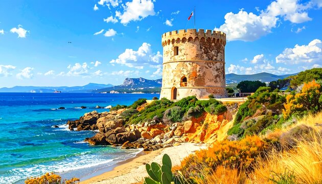A serene coastal landscape with a medieval tower