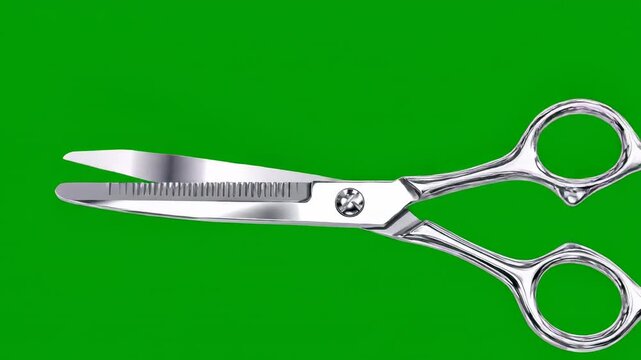 Professional hair thinning scissors on green screen for hairdressing and hairstyling projects chrome plated metal shears isolated