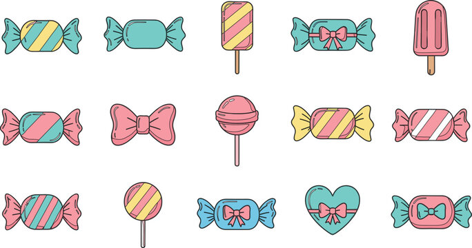 Cute Candy and Lollipop Collection Sweet Cartoon Treats Set Illustration