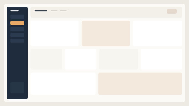 Modern dashboard interface layout with sidebar navigation and content cards in neutral beige and blue tones clean UI template composition