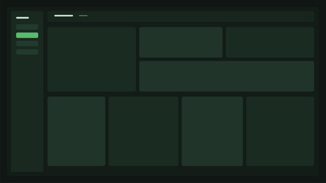 Dark green dashboard interface layout with sidebar navigation and content panels modern minimal UI template for web application design systems