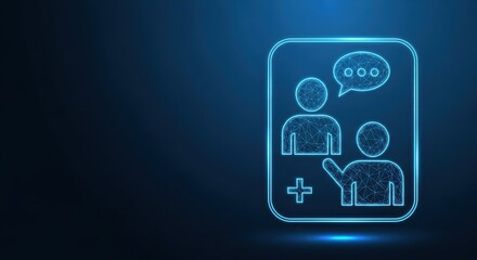 Fototapeta premium Digital Communication Icon with People Chatting and Connection Symbol on Blue Gradient Background