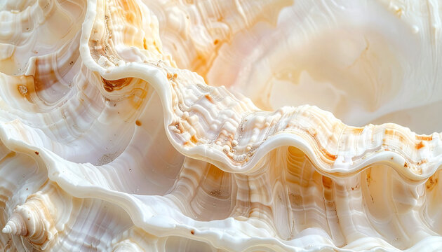 Close up of a textured seashell with intricate patterns and soft lighting