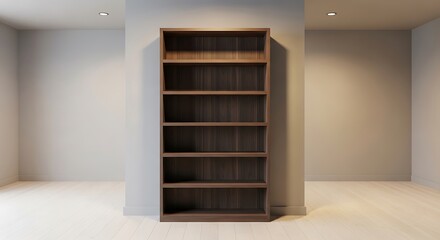 Fototapeta premium Empty wooden bookcase recessed between two walls, illuminated in a bright, minimalist interior