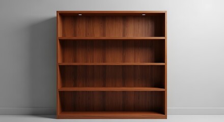 Fototapeta premium Empty wooden bookcase with four shelves against a plain white wall