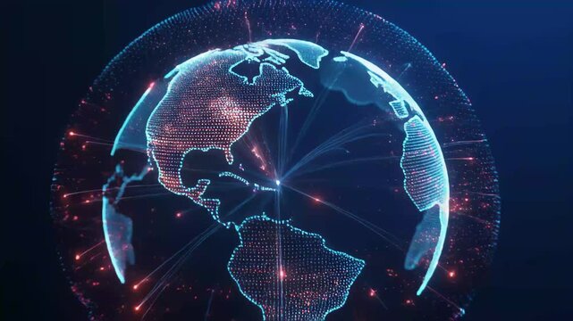 Glowing digital earth with glowing lines connecting continents representing global network, Digital perspective zoom through glowing neon tunnel, High-speed network and virtual reality concept.