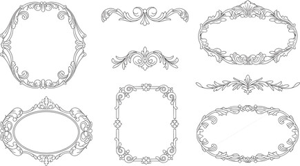 Obraz premium Set of vintage oval and rectangular line art frames with decorative baroque borders and filigree swirl dividers isolated on white background,