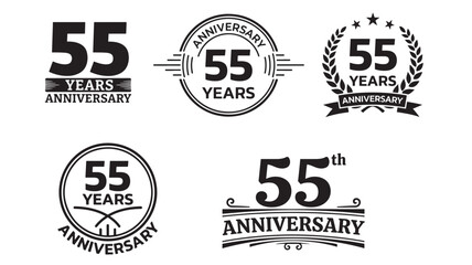 Fototapeta premium Collection of five black and white anniversary logos celebrating 55 years with various decorative elements and typography styles.