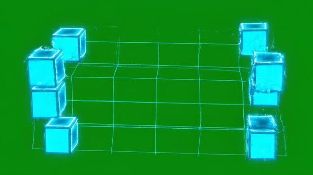 Retro grid with neon glowing cubes on green screen background loop animation for tech and gaming visuals