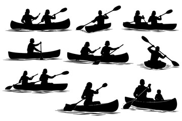 Silhouettes of people canoeing and kayaking in various poses on water.