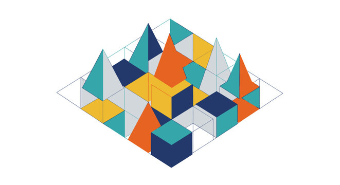 Abstract geometric shapes in isometric view with colorful patterns.