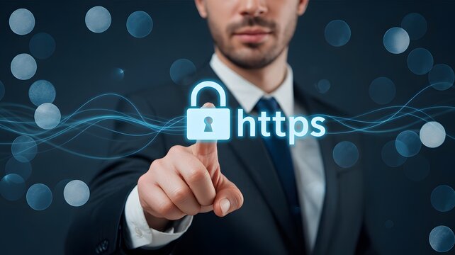 Professional man pointing to glowing HTTPS padlock security icon on dark digital backgroun