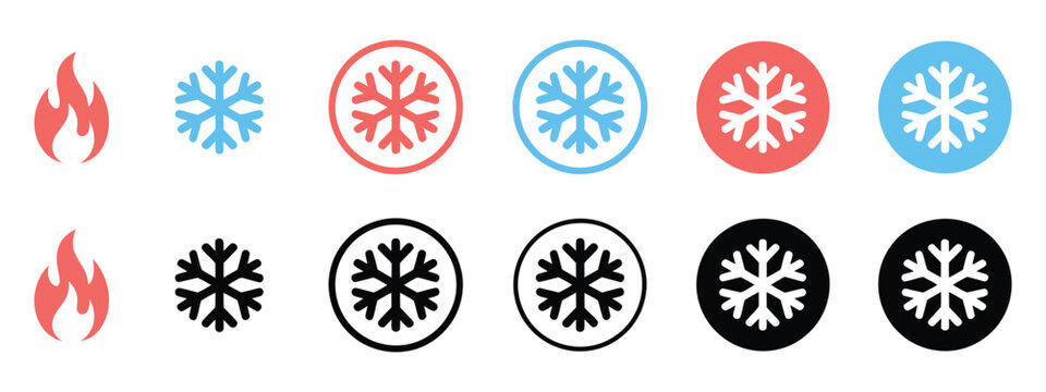 Diverse temperature and weather icons, flame and snowflake symbols in red, blue, black, featuring solid and outline styles for heating, cooling, and climate control applications, perfect for apps, web