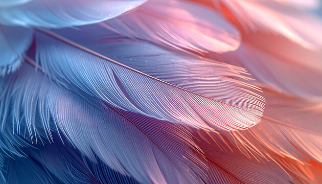 Close up of soft feathers in shades of blue and pink creating a gentle texture
