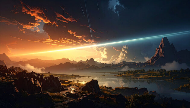 Dramatic landscape with mountains and atmospheric light effects at sunset