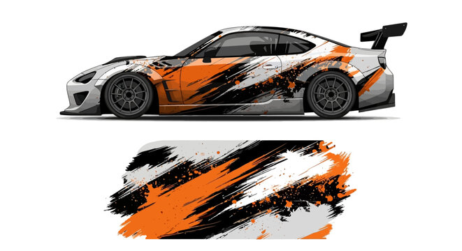Orange and black abstract race car with dynamic graphics and motion blur.