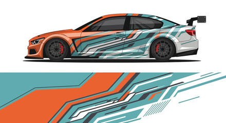 Obraz premium Vibrant racing car with bold blue and orange graphic race livery and dynamic vector illustration.