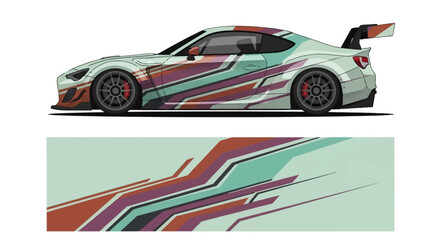 Fototapeta premium Colorful wrapped sports car with abstract stripe graphics and dynamic racing design.