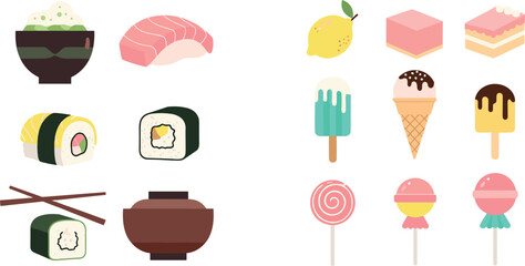 Cute Flat Japanese Food and Sweet Dessert Vector Icon Collection Set © Sariful