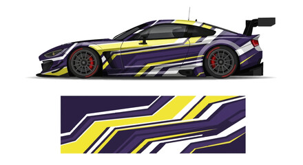Obraz premium Sporty racecar with bold yellow blue purple wrap and graphic design on sleek body.