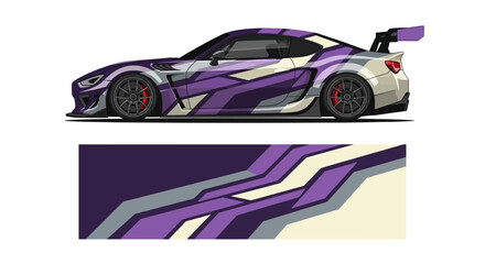 Obraz premium Stylized purple race car with bold stripes and dynamic design on white backdrop.