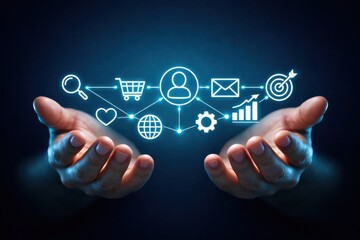 Obraz premium Customer journey and omnichannel experience concept with connected icons representing digital interaction ecosystem