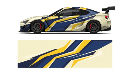 Fototapeta premium Sleek blue and yellow race car with dynamic graphics.