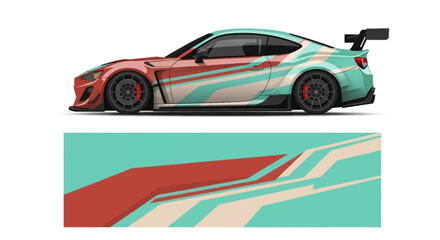 Fototapeta premium Side view of a vibrant race car with teal and red livery and bold graphics.