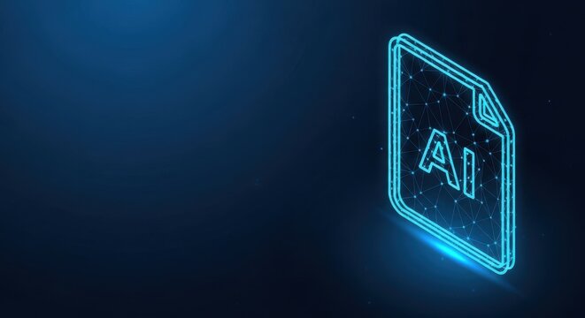 Abstract digital neon glowing AI technology symbol with interconnected data points