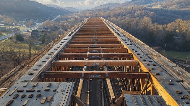 Bridge girder connections steel plate girder railway trestle construction metal beam structural framework rural Appalachian mountain valley historic American infrastructure