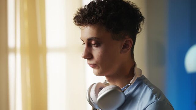 Stressed teen boy with swollen eye thinking about school fight at home