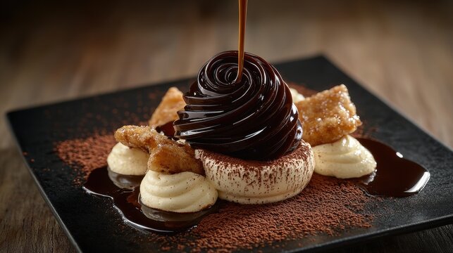 Pouring syrup rich dark chocolate flowing in elegant spiral over gourmet tiramisu dessert with mascarpone cream and caramelized sugar tuile on premium slate plate