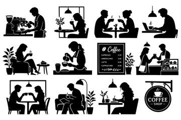 Fototapeta premium Silhouettes of diverse cafe activities and social interactions.