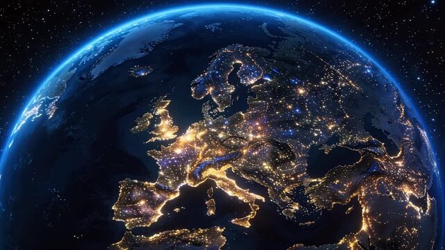 Earth from space at night with illuminated regions