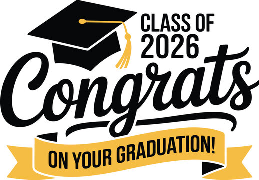 Congratulations graduates vector illustration, Class of 2026 trendy design template with graduation cap and hand drawn typography lettering isolated on white background for ceremony celebration.