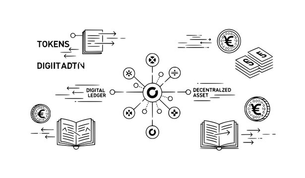 A vector graphic illustration depicting the concept of digital assets and tokenization with various icons and symbols