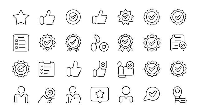 Minimal line vector 30 quality control icons, includes star ratings, thumbs up, premium badge, certification stamp, evaluation checklist, award symbols, satisfaction indicators, service quality and su