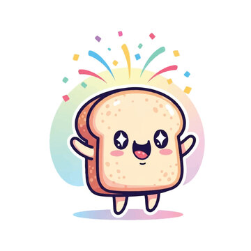 A cheerful cartoon slice of bread with a smiling face, standing in front of a colorful background with confetti. Perfect for celebrations, children's content, and marketing materials.