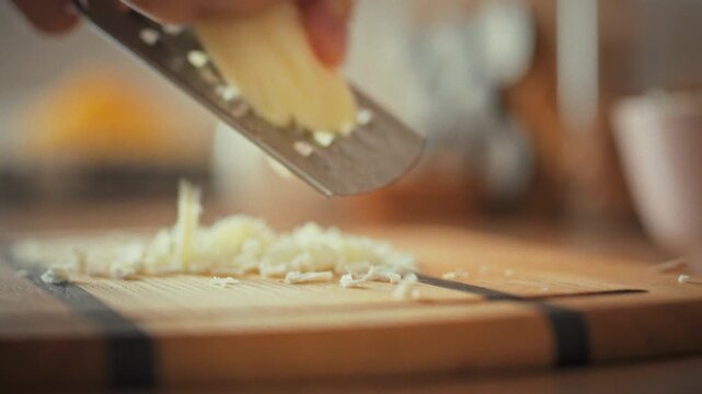 A man's hands move skillfully with a grater in a cozy home kitchen, shredding hard cheese into fine pieces. The everyday process of preparing a meal at home involves simple tools like a grater