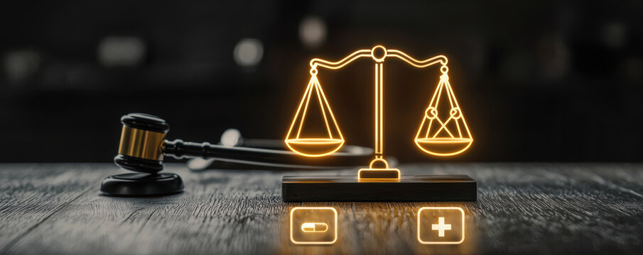 Justice scale glowing with plus and minus icons and wooden gavel on table symbolizing fairness and legal balance