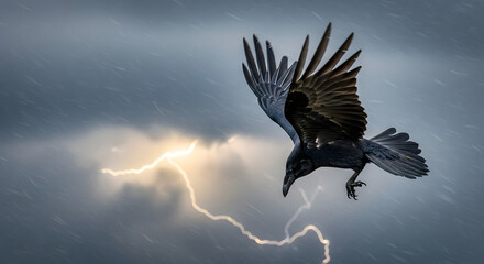 Obraz premium A majestic crow soars through a dramatic stormy sky with a powerful lightning strike illuminating the scene