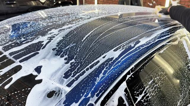 Process of spraying foam on the auto body in the station. Second phase of detailing washing in car service.  Cleaning the car using high pressure water. Car washer does full body car wash with sponge.