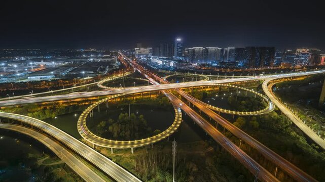 Time-lapse of Busy Traffic at Wuhan Meizi Interchange (Cloverleaf Overpass), Hubei, China