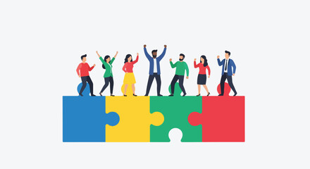 Fototapeta premium Diverse people standing on colorful puzzle pieces together
