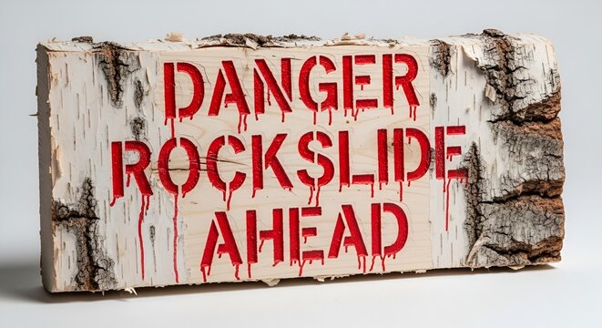 Coarse red stenciled rockslide ahead danger sign on natural birch wood background